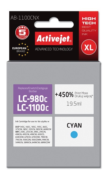 Activejet AB-1100CNX Tusz  (zamiennik Brother LC1100C/980C; Supreme; 19,5 ml; niebieski). Drukuje więcej o 450%.