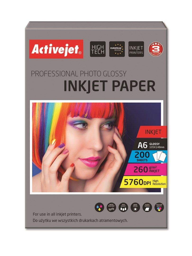 Activejet AP6-260GR200 Papier fotograficzny błyszczący; idealny do wydrukowania zdjęć, kolorowego wspomnienia, 10x15; (A6; 200 szt.)