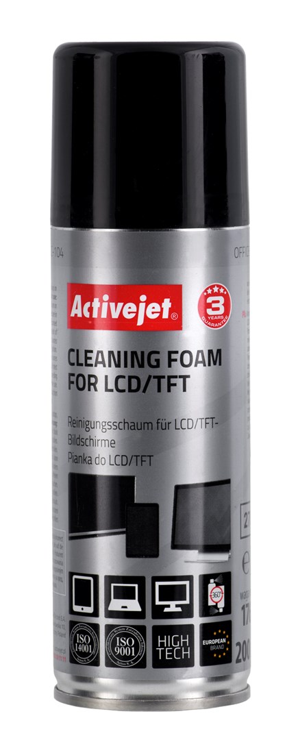 Activejet AOC-104 Pianka do czyszczenia matryc (200 ml) Antystatyczna pianka z aktywnymi cząsteczkami środków powierzchniowo-czynnych, usuwająca wszelkiego rodzaju zanieczyszczenia z wyświetlaczy ciekłokrystalicznych TFT w laptopach monitorach