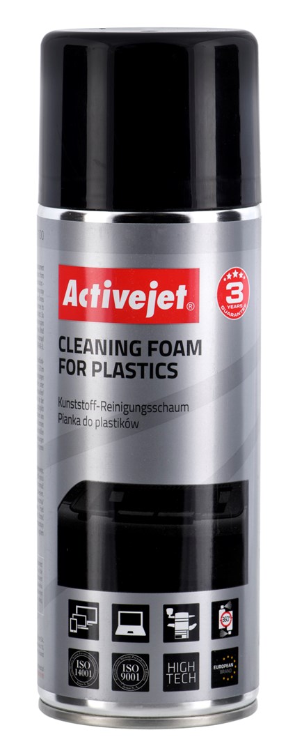 Activejet AOC-100 Pianka do plastiku, 400 ml. Pianka z aktywnymi cząsteczkami, usuwająca wszelkiego rodzaju zanieczyszczenia powierzchni wykonanych z plastiku. Niezbędna w każdym biurze, idealna do czyszczenia klawiatur, obudów monitorów, komputerów