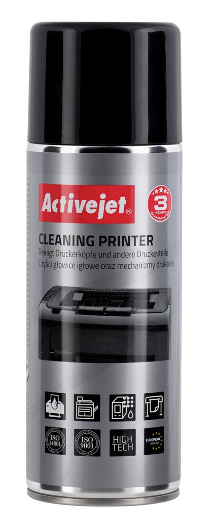 Activejet AOC-401 Preparat do czyszczenia drukarek, urządzeń (400 ml) Niezbędny w każdym biurze i każdym domu wyposażonym w drukarkę. Specjalny środek czyszczący w spray'u przeznaczony jest do delikatnego i skutecznego czyszczenia drukarek, kopiarek